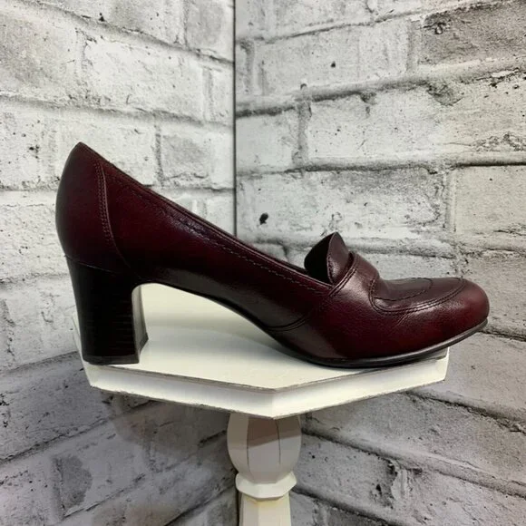 Naturalizer N5 Comfort Burgundy Leather Mid Block Heel Loafer Pump - Picture 3 of 9